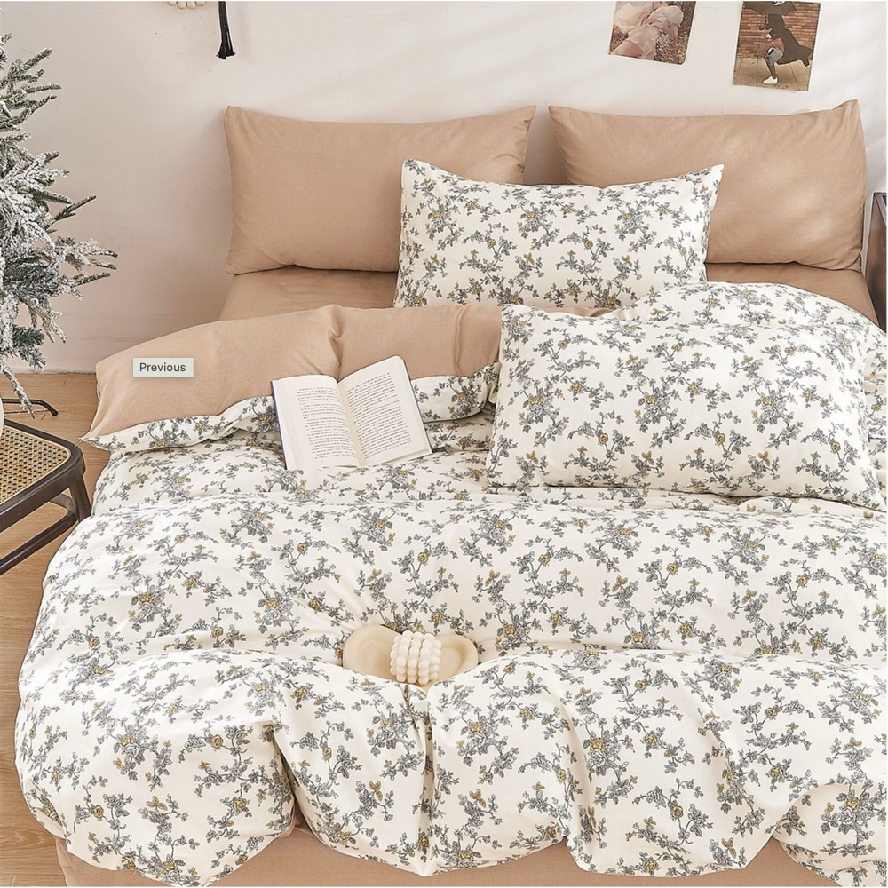 Demi-Dusk Gray White Brown Floral 100% Cotton Reversible Comforter Set King